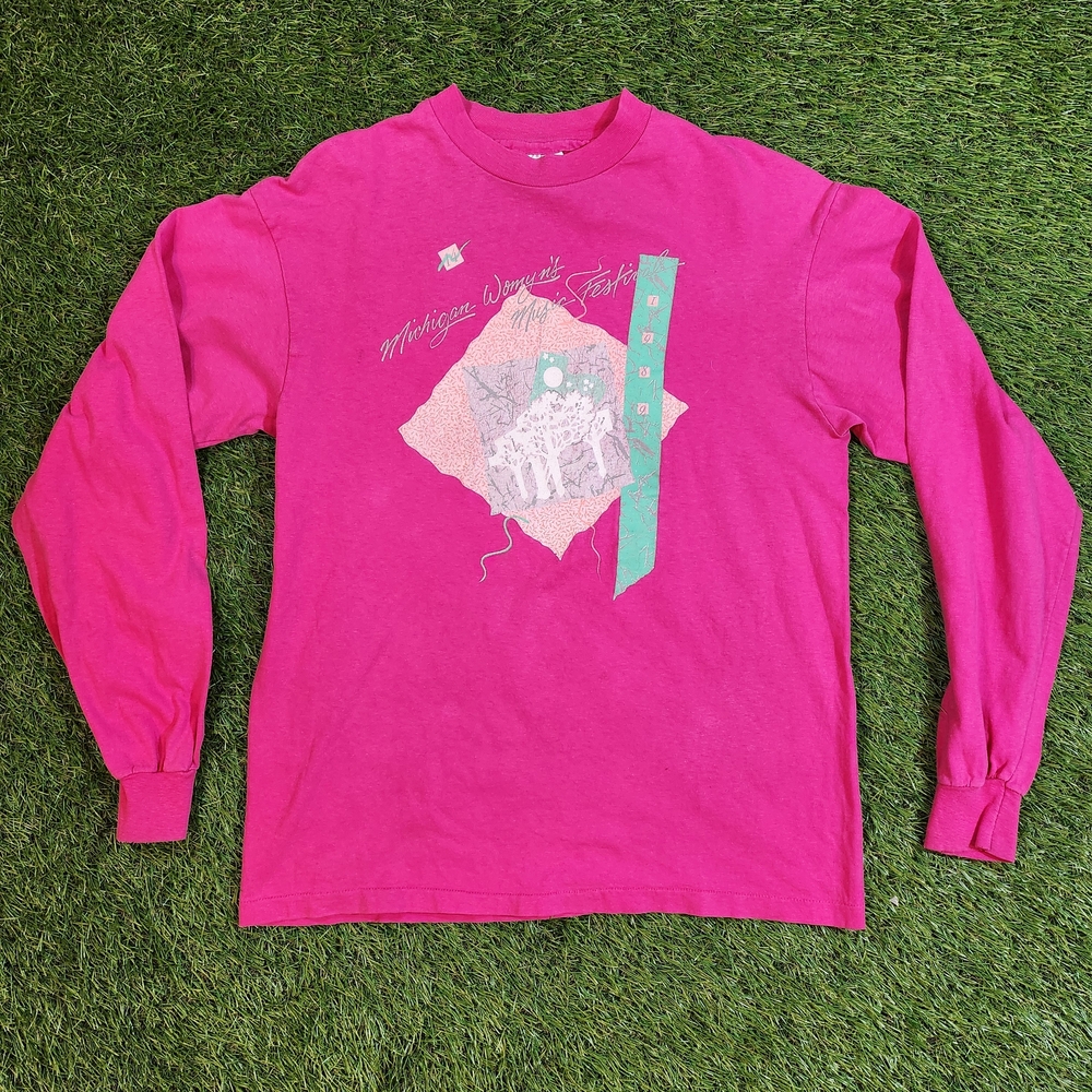 1989 Vintage Hanes Womens Michigan Music Festival Pink Long Sleeve Tee USA